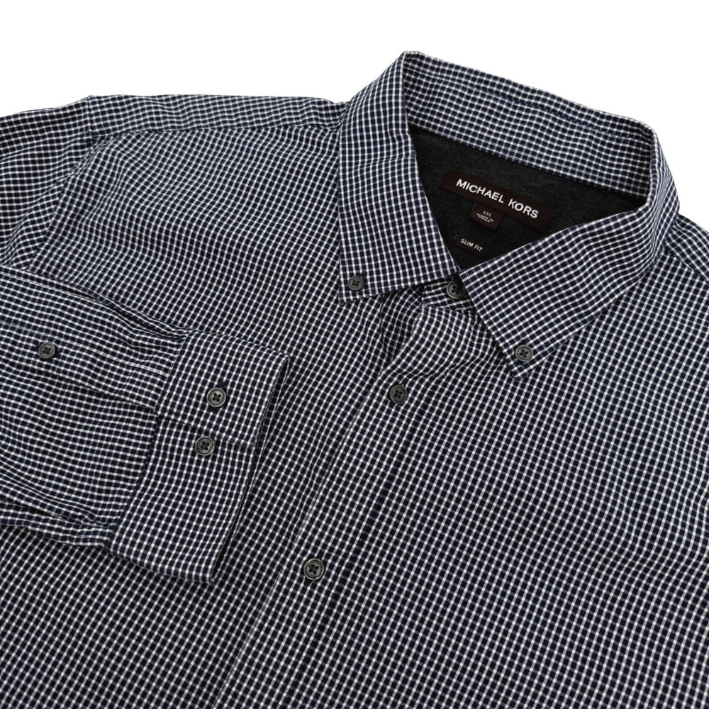Michael Kors Shirt Men XXL Navy Gingham Slim Fit Long Sleeve Cotton Casual Prep